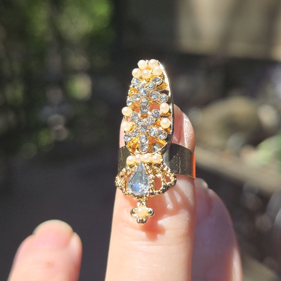 Gold Dainty Nail Ring with Sparkling Stones & Pearls - Picture 3 of 6